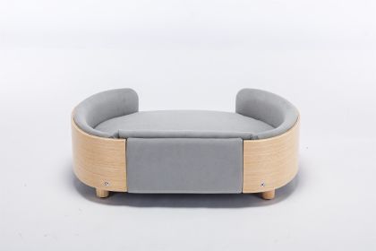 Scandinavian style Elevated Dog Bed Pet Sofa With Solid Wood legs and Bent Wood Back, Velvet Cushion,Mid Size Light Grey