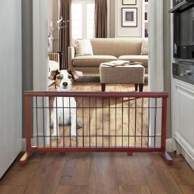 Wooden dog gate, free standing wire mesh pet gate, expandable,MAHOGANY