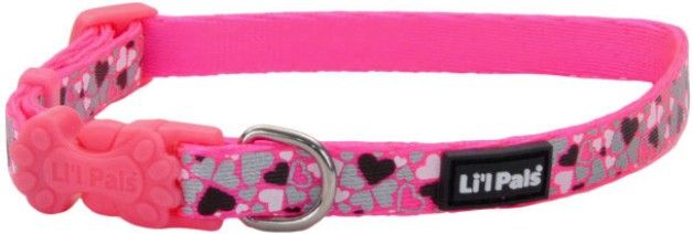 Lil Pals Reflective Collar Pink with Hearts (size: 6-8"L x 3/8"W)